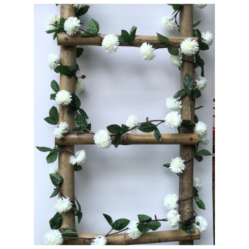 Artificial White Chrysanthemum Dahlia Flower Vine Creeper With Big Green Leaves For Home Decoraton (Color: White, Material: Silk Polyester) - Image 2