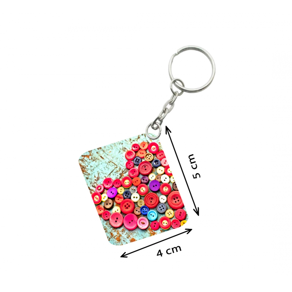 Pack Of 3_ Heart Shape Decorated With Buttons One Side Printed Rectangle Designer Keychain (Multi Color) - Image 2