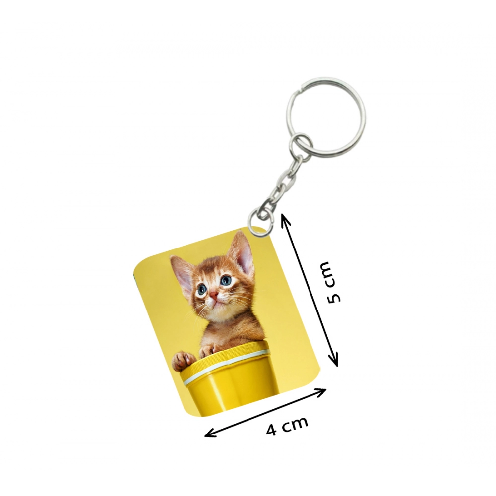 Pack Of 3_ Yellow Cup With Cat One Side Printed Rectangle Designer Keychain (Yellow) - Image 2