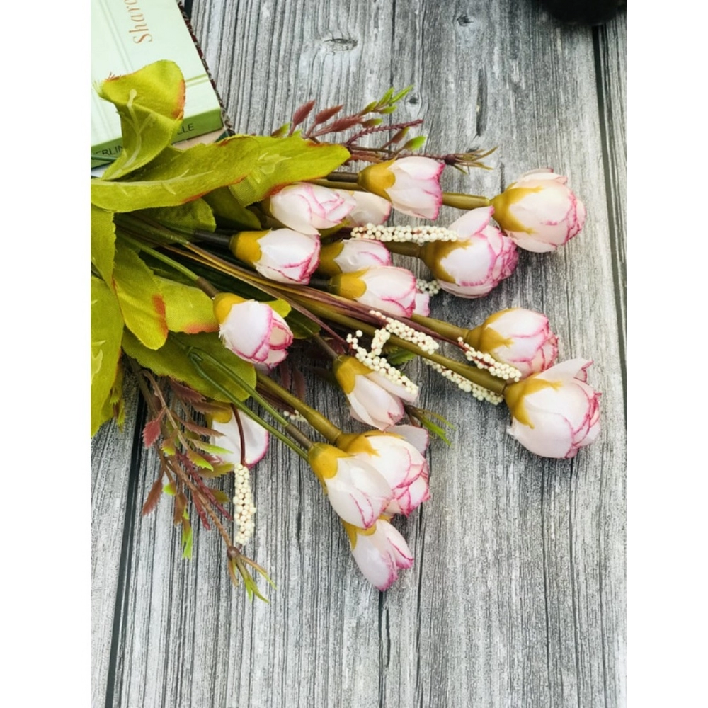 Artificial Rose Buds Flowers Bunch Bouquet Of 12 Roses For Home Decoration (Emma Pink, Material:Silk, Polyester) - Image 2